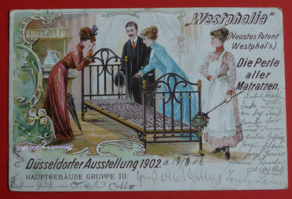 Postkarte mit Reklame für Westfalia Betten, um 1900, Sammlerwert ca. 30 Euro
